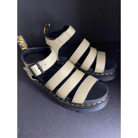 Doc Dr. Martens Blaire Flatform Olive Leather Sandals Women's Size 7 38 UK 5 New - Picture 3 of 7